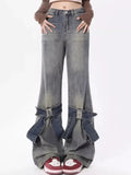 Kylethomasw Blue Flared Jeans Women Kawaii Wide Leg Pants with Bow Korean Style Spring Fashion Cutecore High Wasit Denim Trousers