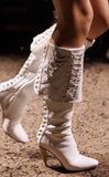 KYLETHOMASW  -  Women White Fold‑Over Knee High Boots Pointed Toe Curved Heel Back Lace‑Up Tie Design Western Style Elegant Fashion Boots