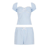 KYLETHOMASW  -  French Casual Suit Women's Summer Blue Striped Off Shoulder Top Low Waist Shorts Two-piece Set Fashion Female Clothes