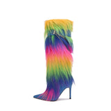 KYLETHOMASW  -  Pink Y2k Stiletto Metal Chain Boots Autumn Winter New Sexy Black High-heeled Fur Boots   on off
