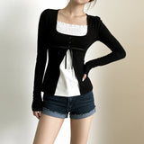 KYLETHOMASW  -  French Sweet Patchwork Contrast Color Fake Two Piece Slim Square Collar Long Sleeve Slim T-Shirts