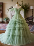 Kylethomasw Green Ball Gown Prom Dresses High Waist Layers Tulle Fancy Evening Dresses Party Dancing Gowns