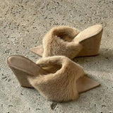 KYLETHOMASW  -  Plush Women's Autumn Slippers French Pointed Open-toed Fluffy Slippers Home Outdoors Fashion Wedge Shoes Women Heels Highquality
