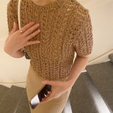 KYLETHOMASW  -  Summer Hollow Out Korean Women's Short Shirts O-Neck Bohemian Short Sleeve Knitted Sexy Tops Female