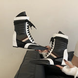 KYLETHOMASW  -  Black And White Boots Women Pointed Toe Lace Up Sports Style Wedges Shoe Fall Mid-calf Boots Comfort High Heels New Arrivals