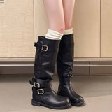 KYLETHOMASW  -  Retro Y2K Slouchy Knee High Boots Women Turn‑Down Folded Cuff Vintage Grey Moto Biker Boots Riding Boot Shoes