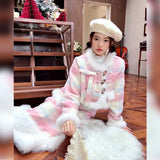 KYLTHOMASW  -   Winter Clothes New Splicing Sweet Woolen Set High End Bull Horn Buckle Grid Wool Coat Long Skirt Two Piece Set Women Outfits