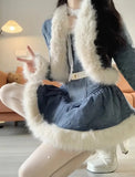 KYLETHOMASW  -  Autumn Winter Korean Temperament Sexy Patchwork Plush Denim Jacket + Slip Dress Pants Slimming Versatile 2 Pieces Set