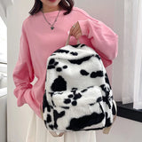 KYLETHOMASW  -  Cow Print Plush Backpack Women Fluffy Furry School Bag Milk Cow Pattern Large Capacity Casual Travel Student Rucksack Daypack