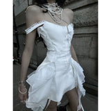 KYLETHOMASW  -  Summer Korean Fashion Y2k Retro Women Dresses Chic White Halter Chiffon Irregular Slimming Design Short Skirt Woman Clothes
