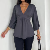 KYLETHOMASW  -  Women Casual Deep V Neck Blouse Loose Fit Long Sleeve Top Flowy Bell Sleeve Tunic Shirt Daily T-shirt Sexy Summer Outfit