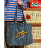 Kylethomasw 2024 Retro Denim Jeans Embroidery Casual Tote Cool Girl Shoulder Bags LGBT Soft Student Large Capacity Vintage Shopping Handbag