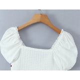 KYLETHOMASW  -  New Contrasting Bow Lace Trim White Blouse Women Sexy V Neck Puff Sleeve Slim Summer Crop Top