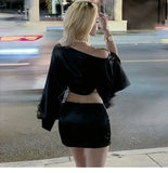 KYLETHOMASW  -  Womens One Shoulder Satin Two Piece Set Cape Sleeve Crop Top and Mini Skirt Set