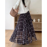 KYLETHOMASW  -  Vintage Plaid Midi Skirt Women Fashion Harajuku Mesh Patchwork Pleated Skirts Summer Streetwear Korean A Line Faldas New