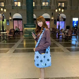 KYLETHOMASW  -  Sweet Cute Blue Stripe Tote Bag Women Polka Dot Bow Large Capacity Shoulder Bag Ladies Lightweight Daily Foldable Shopping Bag
