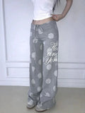 KYLETHOMASW  -  Polka Dot Drawstring Wide Leg Trousers Harajuku Letter Printing Straight Pants Y2k Aesthetic Vintage Casual Pantalones Women