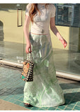 KYLETHOMASW  -  American Floral Print Casual Green A-line Skirt Women 2025 Summer New High Waist Fashion All Match Patchwork Mid-length Skirt