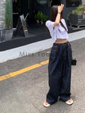 KYLETHOMASW  -  Korea Chic High Waist Elegant Jeans Women 2024 New Drawstring Loose All Match Trousers Blue Fashion Design Wide Leg Pants Autumn