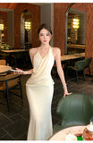 KYLETHOMASW  -  French Fashionable Elegant Satin Evening Gown Women's Backless V-neck Halter Camisole Long Dress Sexy Chic Banquet Gown