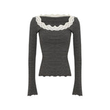 KYLETHOMASW  -  Korean Style Lace Splice Striped Long Sleeve Women's T-shirt Slimming Base Layer Shirt Beautiful Top for Autumn New Arrival