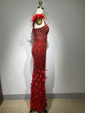 Kylethomasw Women Summer Luxury Sexy Mesh Sequins Feather Red Maxi Long Gowns Dress Elegant Evening Party Club Dress