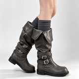 KYLETHOMASW  -  Retro Y2K Slouchy Knee High Boots Women Turn‑Down Folded Cuff Vintage Grey Moto Biker Boots Riding Boot Shoes