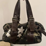 KYLETHOMASW  -  Retro Camouflage Bowling Bag Women Floral Embroidery Belt Decoration Large Capacity Handbag Ladies Harajuku Casual Style Bag New
