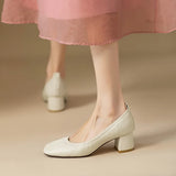 KYLETHOMASW  -  Women Oxford Shoes Vintage Pumps Mid Heels Square Toe Pumps Slip on Sewing High Heels Boat Shoes Elegant Dress Shoes