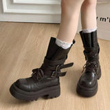 KYLETHOMASW  -  Mid Calf Women Boots Flats Platform Shoes Lace Up Casual Shoes Woman Winter 2025 New Buckle Chelsea Boots Sport Walking Shoes