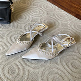 KYLETHOMASW  -  Spring CRYSTAL Pointed Toe Narrow Band Woman Pumps Sandals Elegant Thin Low Heels Slingbacks  Buckle Strap Female Shoes