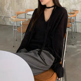 Kylethomasw V-neck Single-breasted Pleated Casual Long-sleeved Cardigan Women Autumn New High Street Pleated Lace-up Solid Color Tops