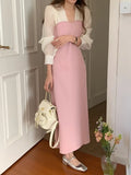 KYLETHOMASW  -  Korean Chic French Fake Two Piece Contrast Color Long Sleeve Slim Waist Lace-up Dresses