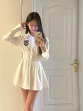 KYLETHOMASW  -  2024 New Autumn Korean College Style Dress Women Casual Polo Collar Waist White Shirt Short Dresses Elegant Long Sleeves Dresses