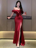 KIylethomasw 2024 Summer Red Sexy Club Backless High Split Ruffles Wrapped Hip Dress Elegant Luxury Off Shoulder Party Evening Dresses Women