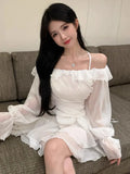 KYLETHOMASW  -  Dresses Women Sweet Sexy Halter Sleeveless Bow Slash Neck Off Shoulder Ruffles Bandage Flare Long Sleeve Party Dress