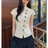 KYLETHOMASW  -  Harajuku Irregular Shirts Women Vintage Cropped Short Sleeve Blouses Summer Ladies Korean Single Breasted Casual Tops New