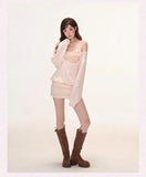 KYLETHOMASW  -  Blush Pink Two Piece Outfit Off Shoulder Cowl Neck Ribbed Knit Mini Dress with Sequin Cami Top Layered Co-ord Set Sweet Sexy Hot