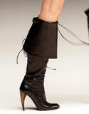 KYLETHOMASW  -  Women White Fold‑Over Knee High Boots Pointed Toe Curved Heel Back Lace‑Up Tie Design Western Style Elegant Fashion Boots