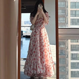 KYLETHOMASW  -  Summer Niche French Pink Floral Off-shoulder Dress Atmosphere Sense Vacation Style Tea Break Long Skirt Princess Dress