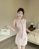 KYLETHOMASW  -  Elegant Skirt Set Women's Summer Bow Tweed Vest High Waist Mini Skirt Two-piece Set Fashion Female Clothes