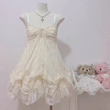 KYLETHOMASW  -  Vintage Lace Mini Dress Women Y2K Harajuku Bandage Bud Dresses Summer Japanese Spaghetti Straps Design A Line Vestidos New