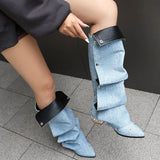 KYLETHOMASW  -  Women's Runway Denim Slouchy Boots Light Blue Chic Snap Fastener Boots Black Pearl Back Zip Modern Shoe Biggest Size 48