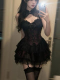 KYLETHOMASW  -  Summer New Sexy  Lace 2 Piece Set Vintage Design Halter Neck Y2k Tops + Puff Mini Skirt Female Elegant French Chic Retro Outfits
