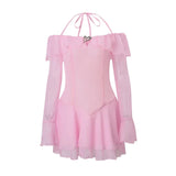 KYLETHOMASW  -  Y2K Elegant Pink Ruffles Halter Dress Sexy Off Shoulder Long Sleeve Slim A Line Mini Dresses Evening Party Women Vestidos