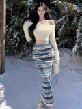 KYLETHOMASW  -  Autumn Winter Chic Knitted Womens Two Pieces Set Cropped Pullover Top High Waist Striped Bodycon Long Skirt Suit Casual Clothing