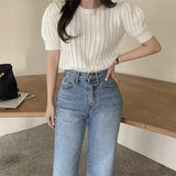 KYLETHOMASW  -  Spring Summer Knitting T-shirts Simple Hemp Pattern O Neck Solid Knitted Tees Short Sleeve Korean Fashion Ropa De Mujer