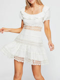 KYLETHOMASW  -  Women's White Off Shoulder Mini Dress Sweet Ruffle Tiered Crochet Waist Lace-up Gowns Summer Beach Dresses New Date Vestidos