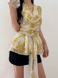 KYLETHOMASW  -  2025 Korean Floral Print Neck Hanging Chiffon Floral Shirt Women Summer New Retro Western-style Cross Tie Vest Top
