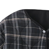 KYLETHOMASW  -  Ethnic Women Gray Plaid Wave Quilting Full Sleeve Loose Coat Outerwear Autumn Winter Covered Buttons O Collar Quilted Jacket